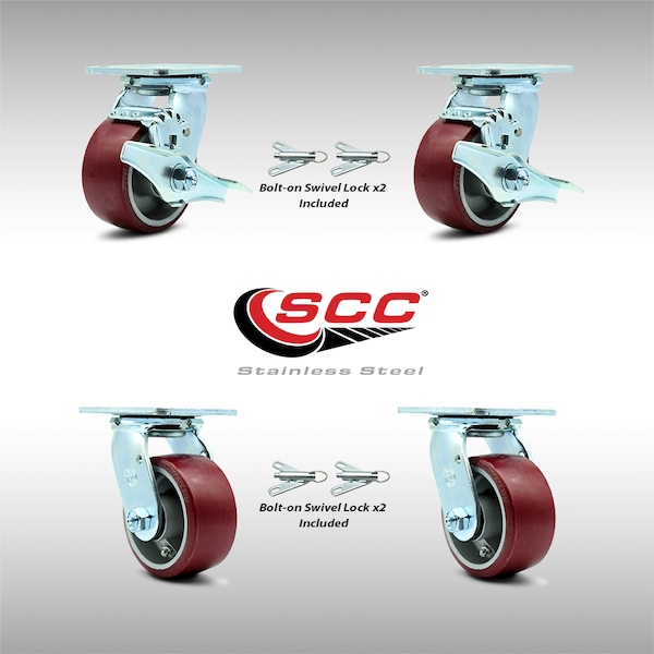 Service Caster 4 Inch SS Poly on Aluminum Caster Set with Roller Bearings 4 Swivel Lock 2 Brake SCC-SS30S420-PAR-TLB-BSL-2-BSL-2 - main